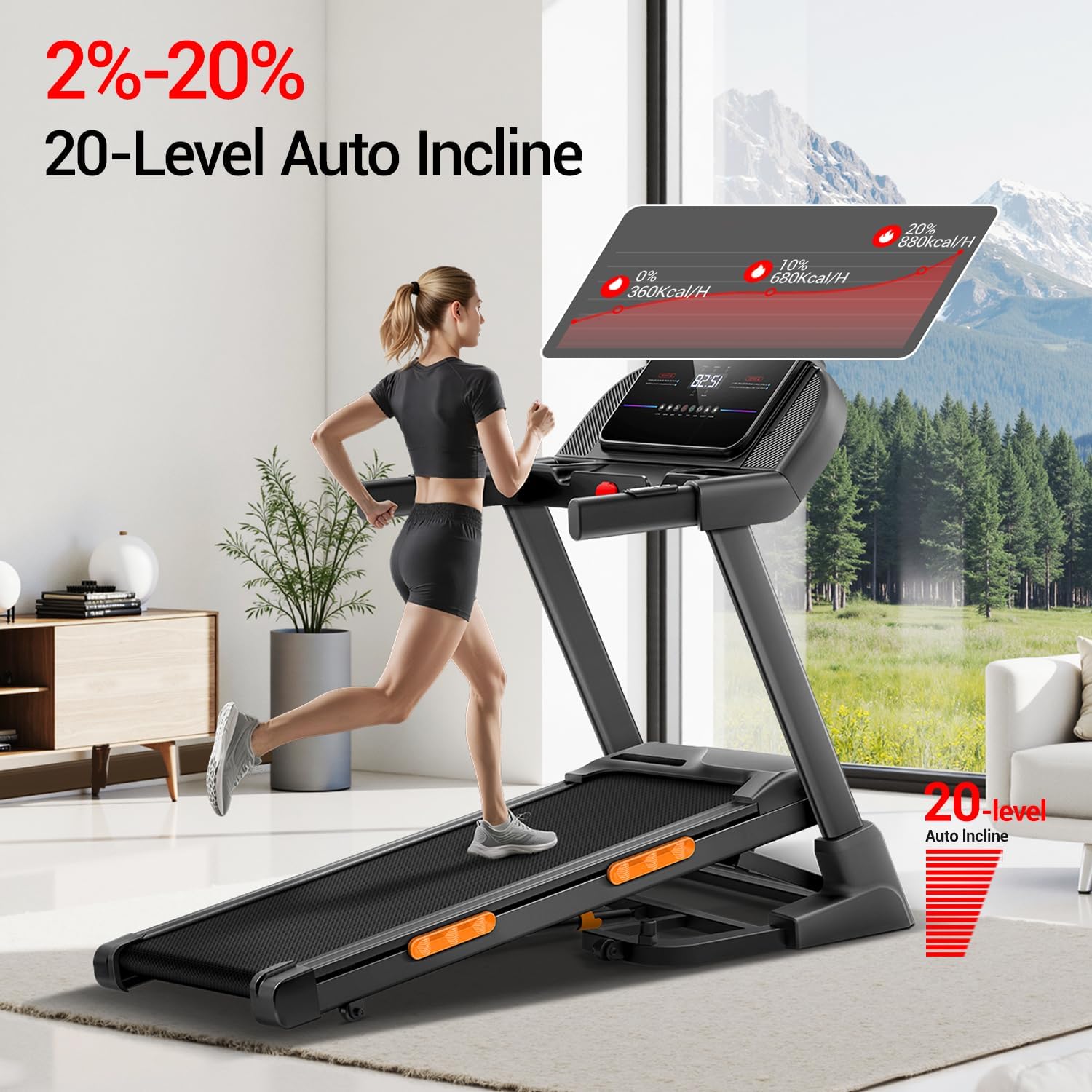 01 20-Level Auto Incline - Umay U70 20% Auto Incline Foldable Treadmill with Auto Folding 8MPH
