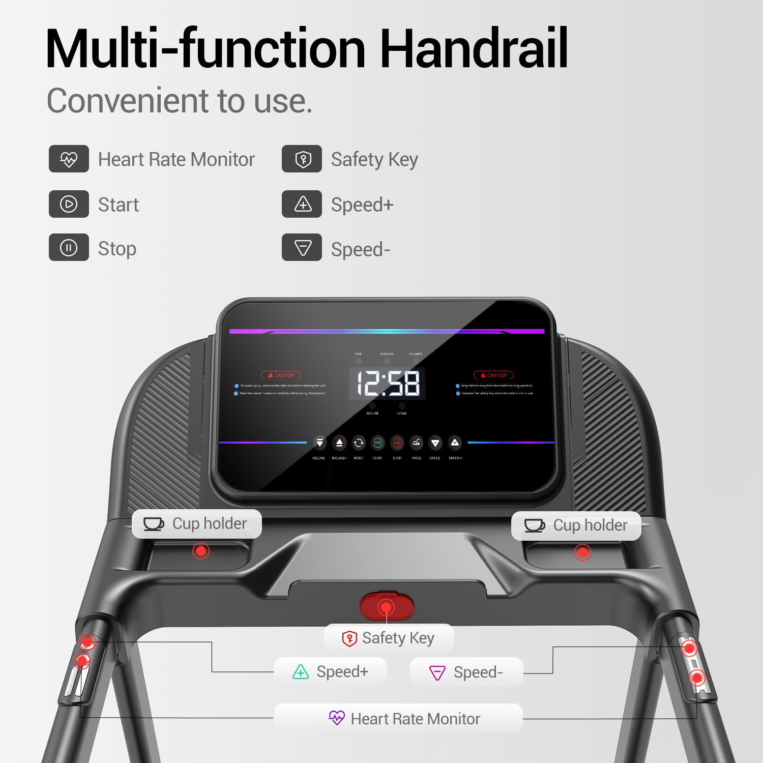 07 Multi-function Handrail - Umay U70 20% Auto Incline Foldable Treadmill with Auto Folding 8MPH