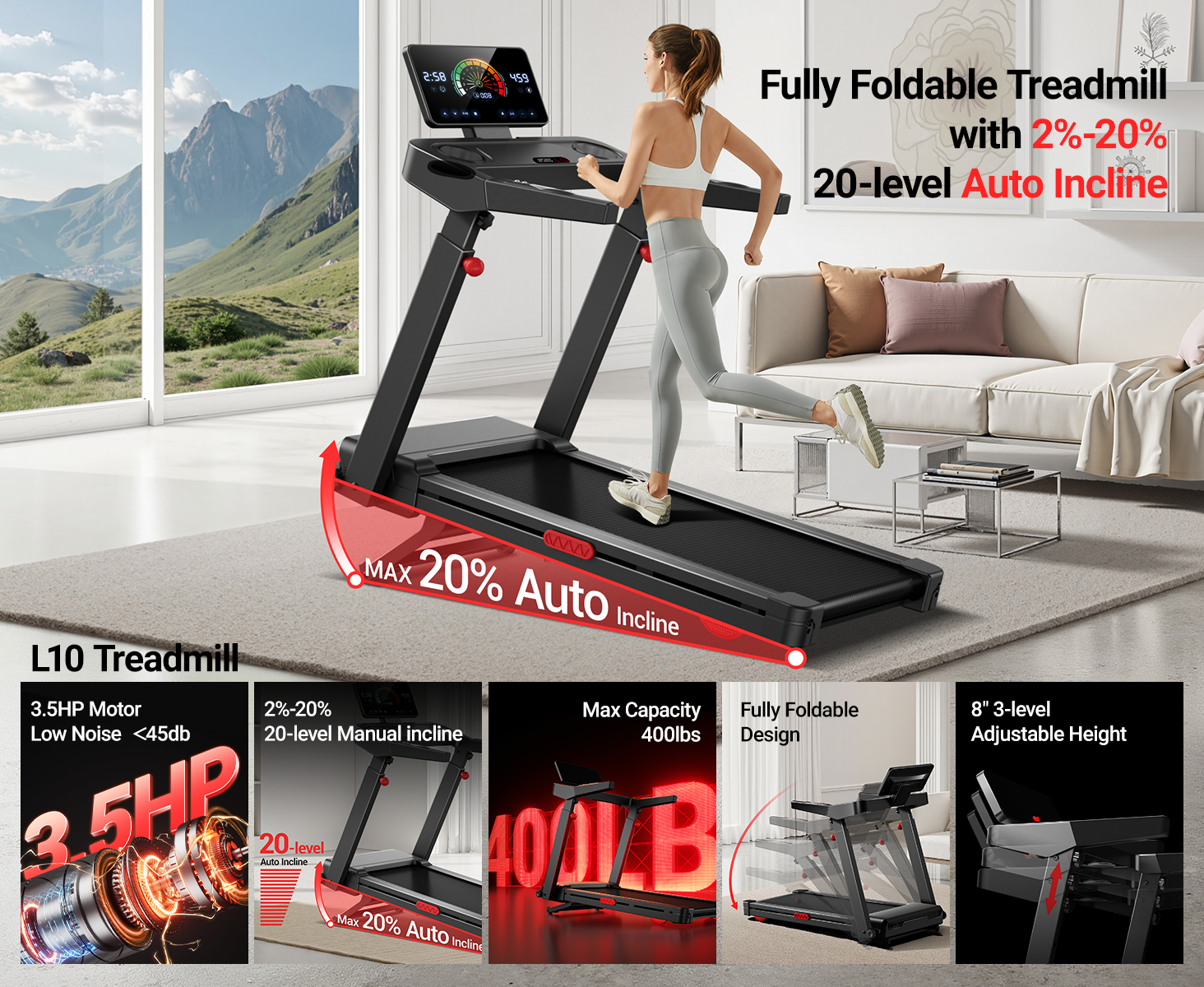 Fully Foldable Treadmill with 2%-20% 20-level Auto Incline_Umay L10 Foldable Treadmill 20% Auto Incline with Pulse Sensors 8.7MPH