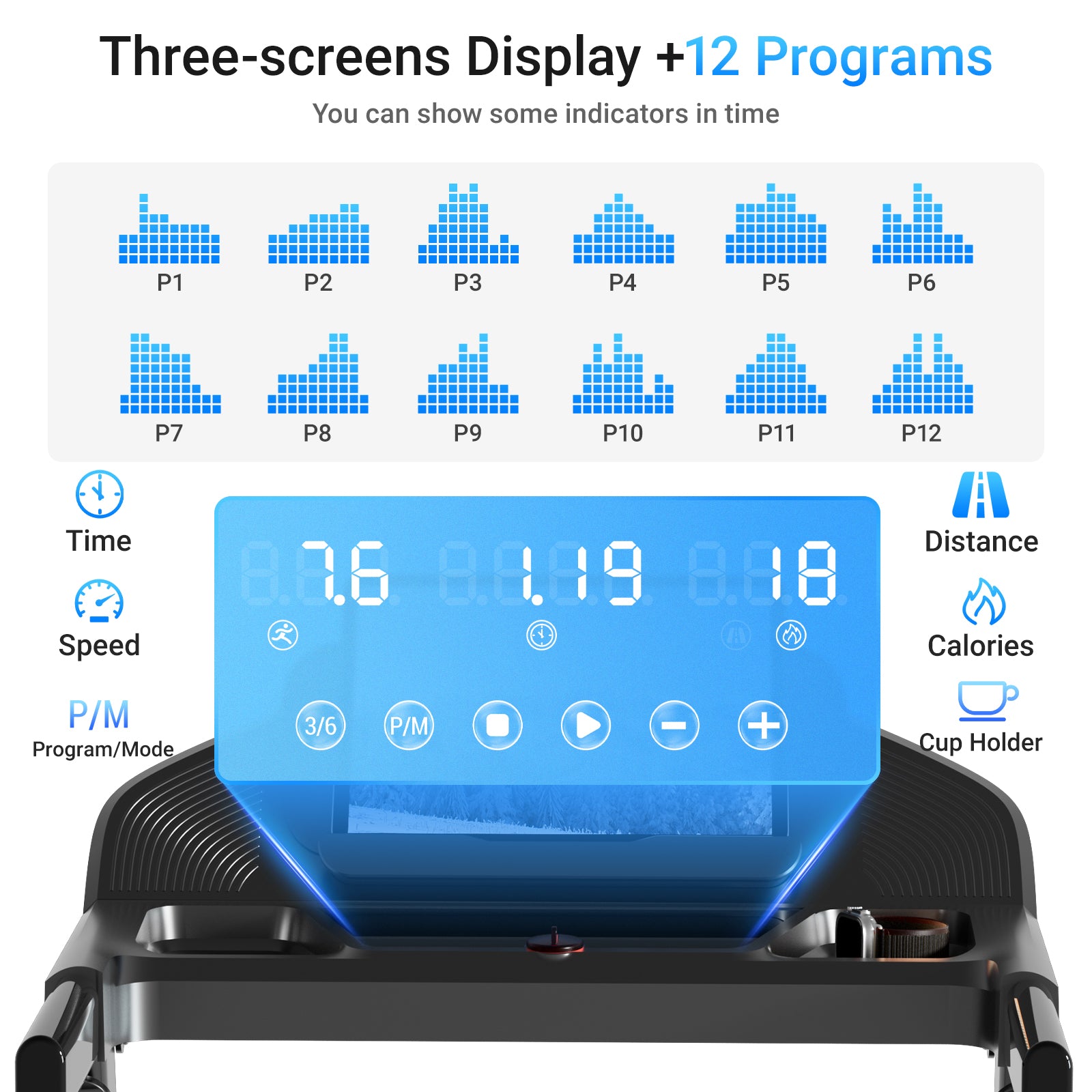 Three-screens Display +12 Programs_Umay SF20 Foldable Treadmill with Three Screen & Handle, 15% Incline & MAX 7.2MPH