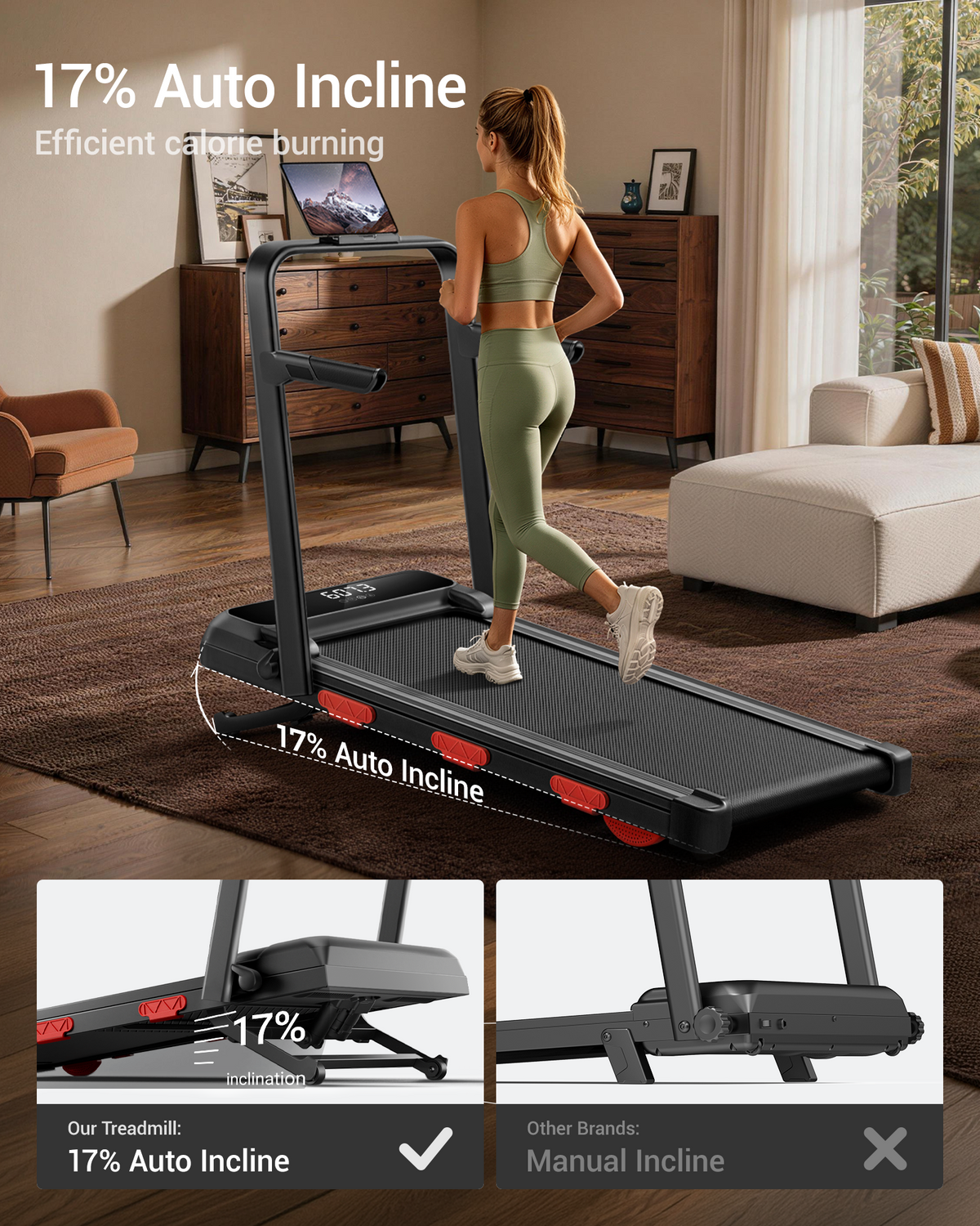 Umay X9F 17% Auto Incline Walking Treadmill with 45" High Foldable Safety Armrests