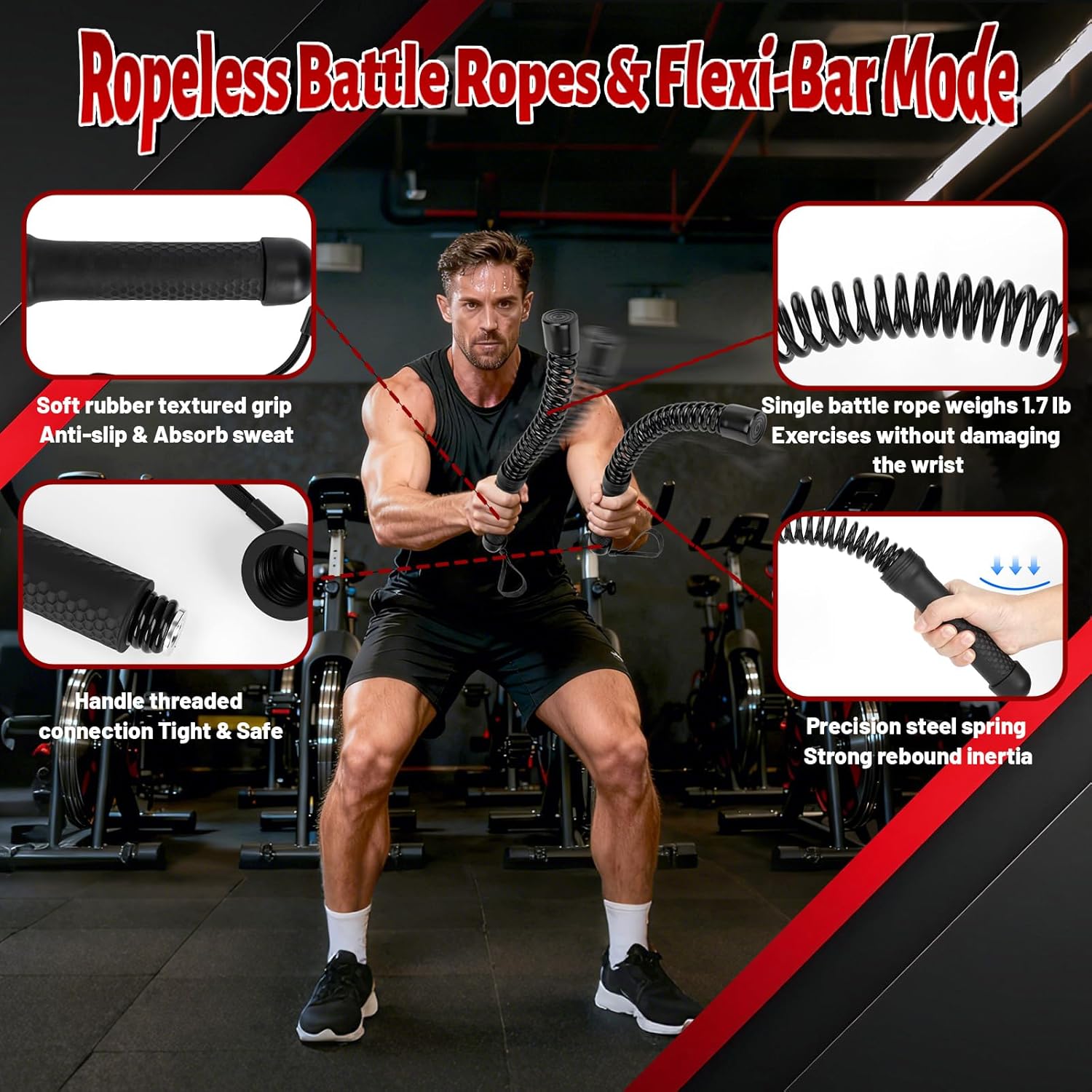 Ropeless Battle Ropes and Flexi-Bar Mode _ Umay Portable Cordless Battle Rope Weighted for Strength Workout (2 PCS)