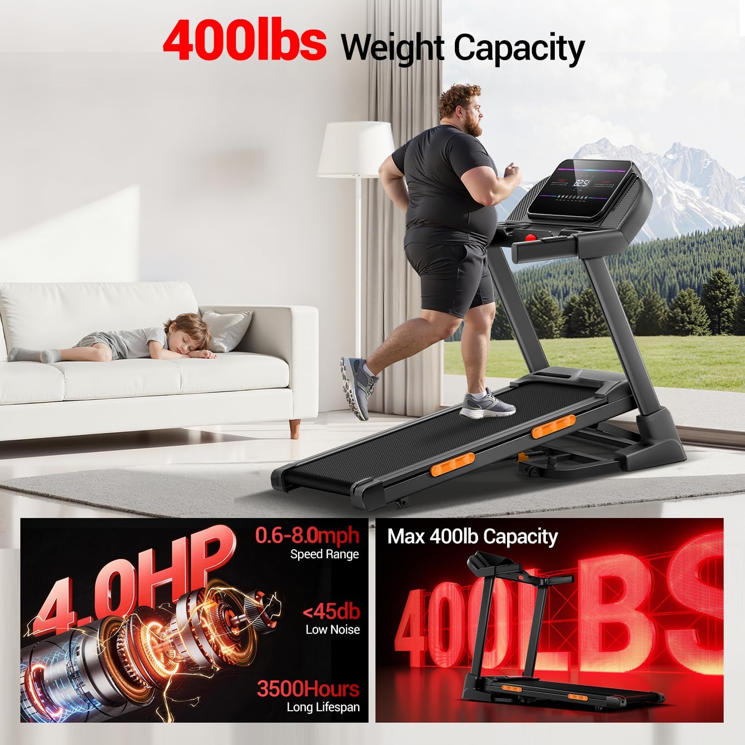03 400lbs Weight Capacity - Umay U70 20% Auto Incline Foldable Treadmill with Auto Folding 8MPH