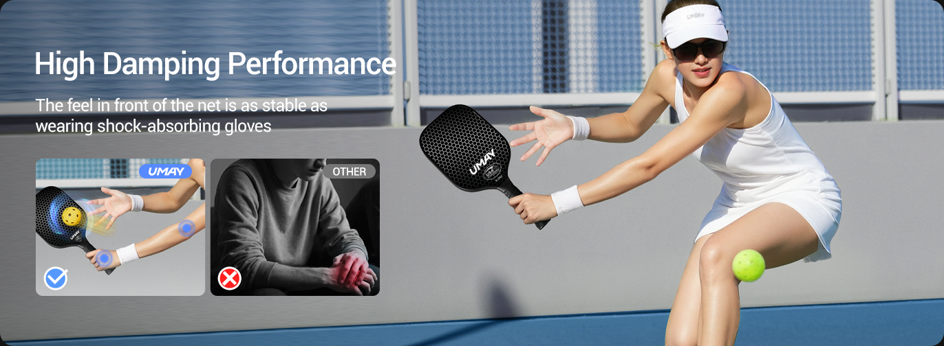 03 High Damping Performance - The feel in front of the net is as stable as wearing shock-absorbing gloves _ Umay CPB20 Carbon Fiber Pickleball Paddle Set with Cover & Overgrip