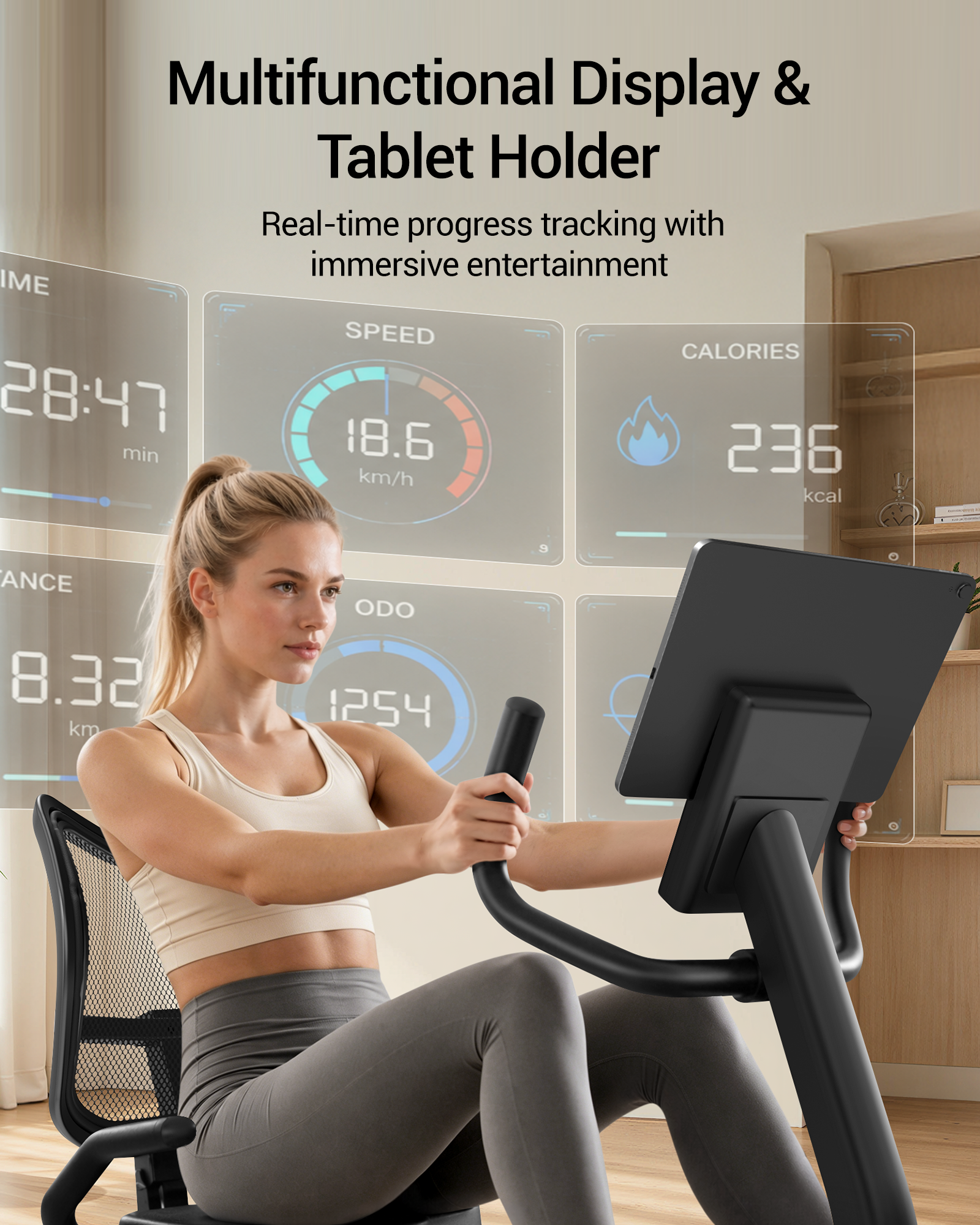 04 Multifunctional Display & Tablet Holder - Real-time progress tracking with immersive entertainment _ Umay CBR80 Recumbent Ergonomic Exercise Bike
