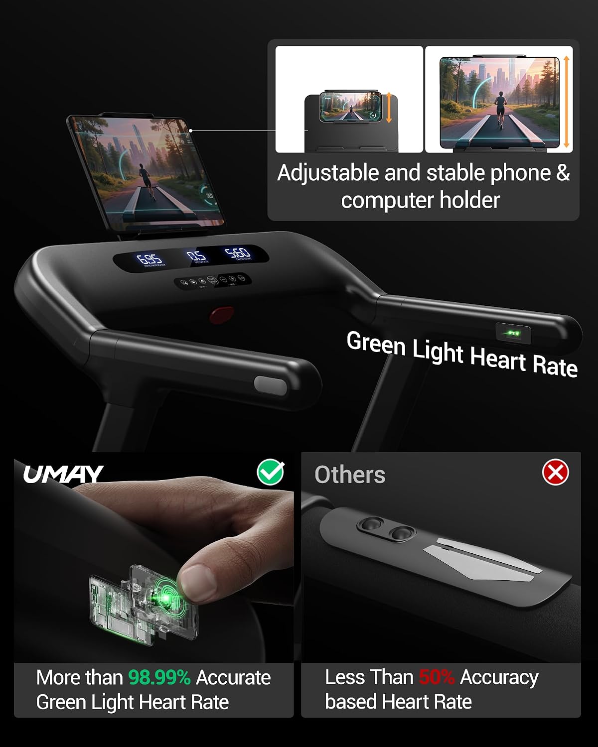 05 Adjustable and Stable and Heart Rate System - Umay U80 400LBS Heavy Duty Treadmill with 20% Auto Incline, Extra Wide Belt & 9.5MPH