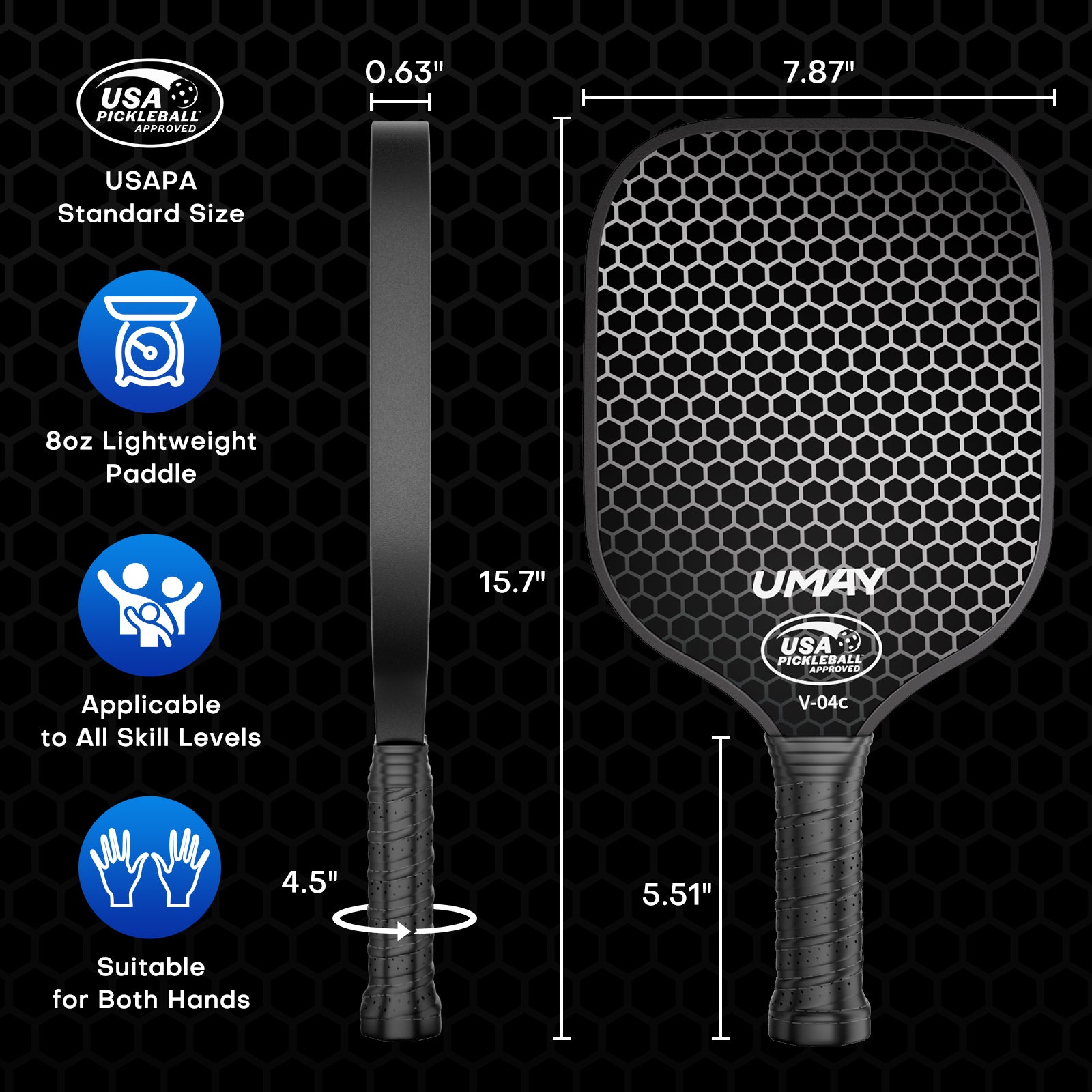 Perfect Size for Racket quality length width handle length circumference thickness _ Umay CPB20 Carbon Fiber Pickleball Paddle Set with Cover & Overgrip