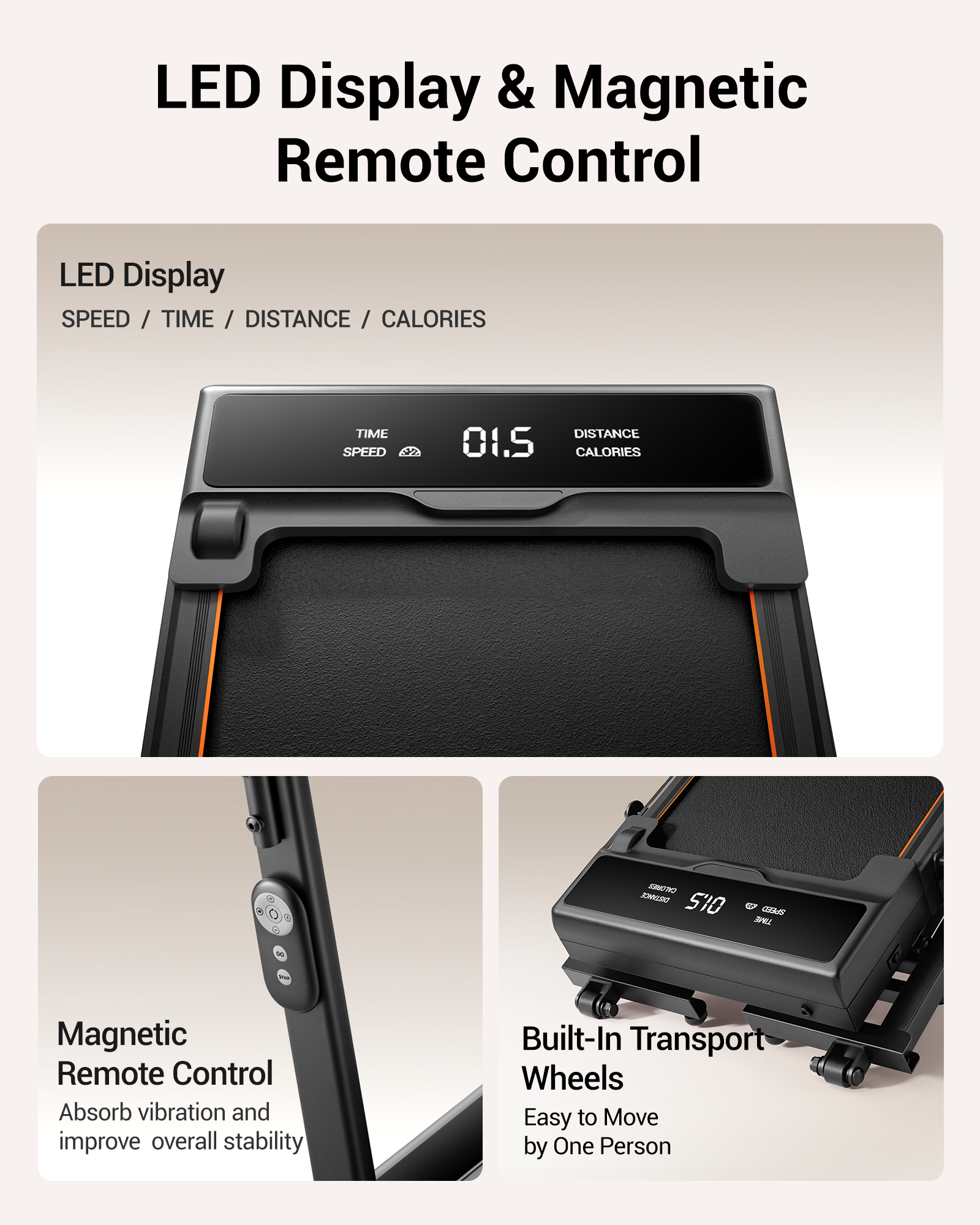 LED Display & Magnetic Remote Control LED 1 _Umay X5FD 40% Incline Foldable Treadmill with Dual Handle Bar 6.2 MPH