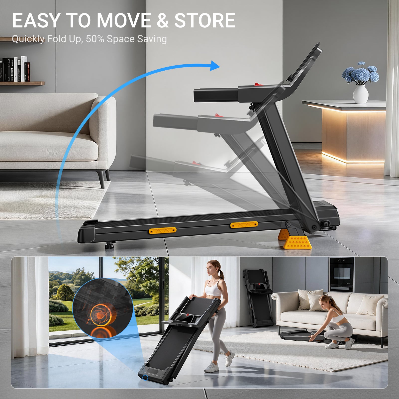 EASY TO MOVE & STORE_Umay SF20 Foldable Treadmill with Three Screen & Handle, 15% Incline & MAX 7.2MPH